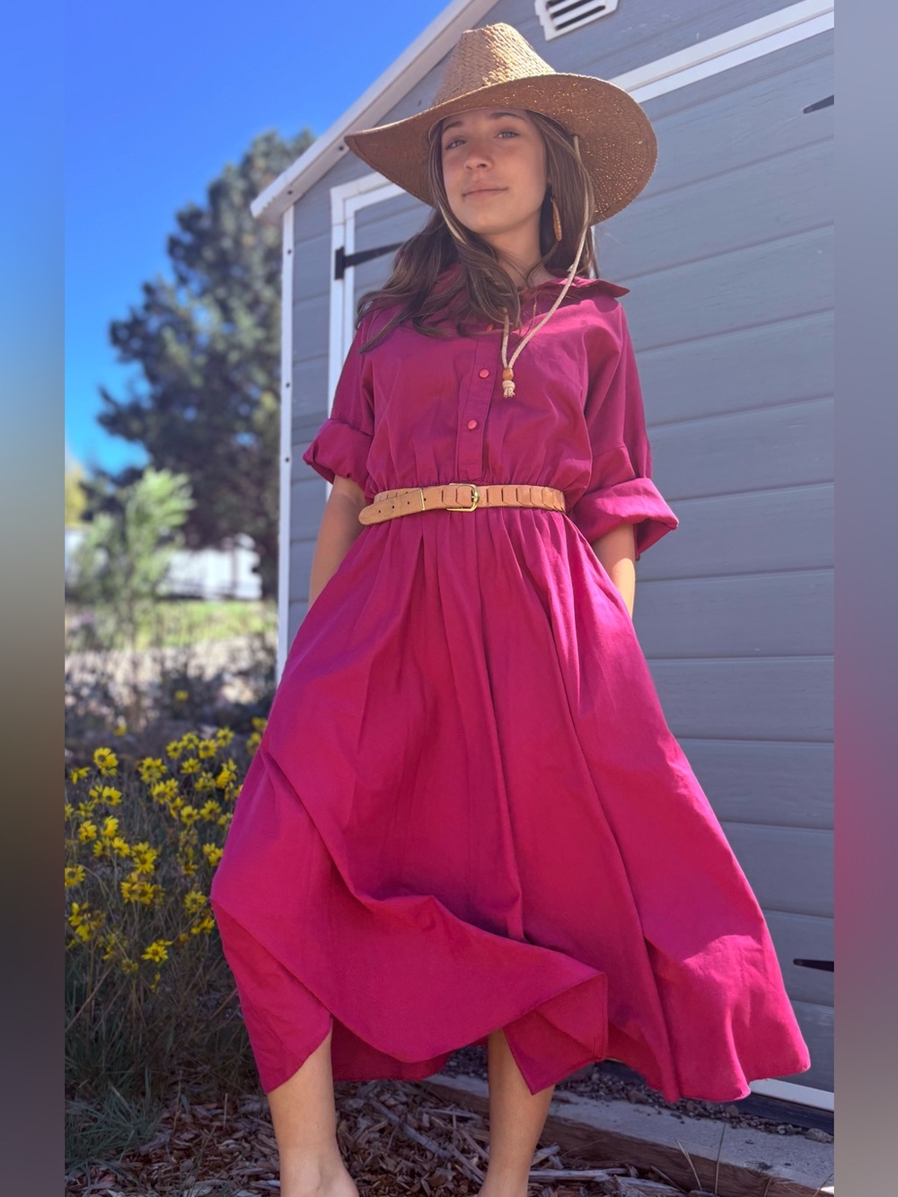 Vintage Magenta Shirt Dress with Pockets